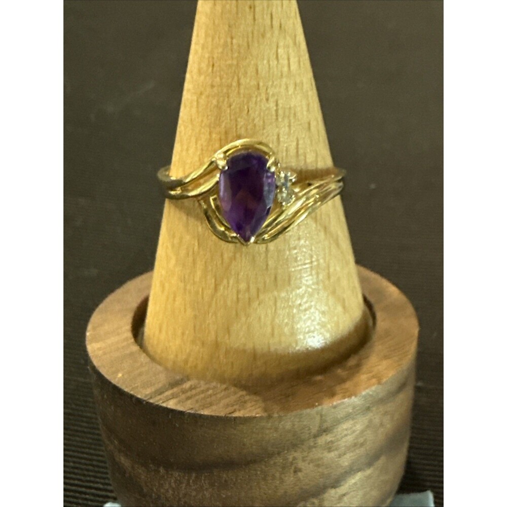 Vintage Teardrop Amethyst & Diamond 14k Yellow Gold Ring Sz 10